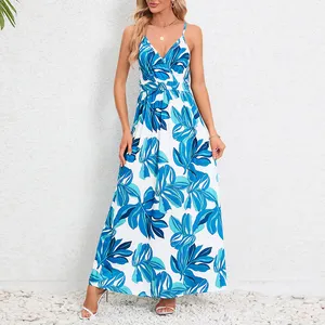 Women's Spaghetti Strap Maxi Dresses Beach Boho New Fashion Slim Backless Elegant Long V-neck Dress Printed Elegant Vestidos