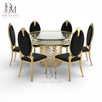 Table de banquet ronde en acier inoxydable doré avec base en treillis diamanté et plateau en verre trempé miroir pour hôtels (vente en gros)