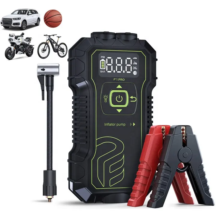 손전등이있는 자동차 점프 스타터 휴대용 자전거 타이어 디지털 타이어 펌프 비상 배터리 부스터