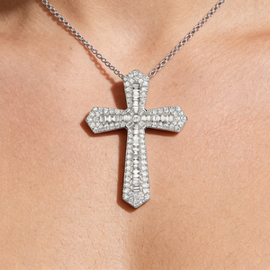 CUSTOM SILVER 10K/14K/18K GOLD PLATED LAB GROWN CVD DIAMOND CLASSIC ENGAGEMENT GIFT SWEATER <b>CHAIN</b> NECKLACE <b>CROSS</b> PENDANT VS - Product Image 5