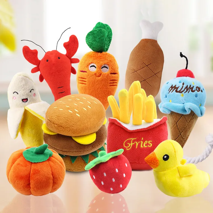 뜨거운 판매 인터랙티브 삐걱 거리는 씹는 플러시 과일 개 장난감 사용자 정의 애완 동물 장난감 봉제 물건 장난감