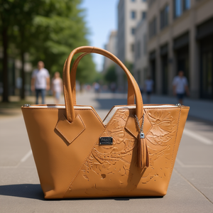 Bolso Tote de Cuero Genuino Fana Lorena, Color Camel, Diseño Grabado, Cierre de Cremallera, Forro de Lona, Para Todas las Temporadas - Product Image 2