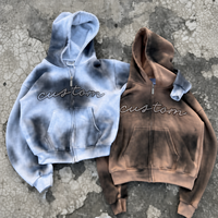 Sweat à capuche zippé personnalisé tie-dye, coupe oversize, délavé à l'acide, lettrage en strass, streetwear unisexe, poche kangourou, vente en gros OEM