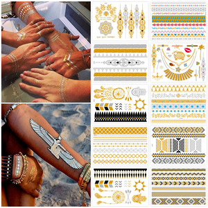Autocollants de tatouage temporaires personnalisés en gros avec des motifs géométriques floraux tribaux, élégants, vintage, rétro métallique, feuille d'or - Product Image 4