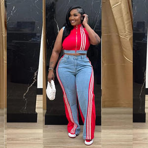 AL322 Denim 2 pezzi Set di pantaloni da donna alla moda con cerniera <span class=keywords><strong>canotta</strong></span> a righe e gamba <span class=keywords><strong>larga</strong></span> Jeans abbigliamento Casual 2025 - Product Image 4