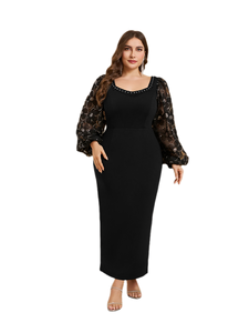 Đường viền cổ áo trái tim màu đen Bejeweled thêu đèn lồng tay áo với thiết kế hoa maxi trang bị Bodycon buổi tối áo với dây kéo trở lại - Product Image 1