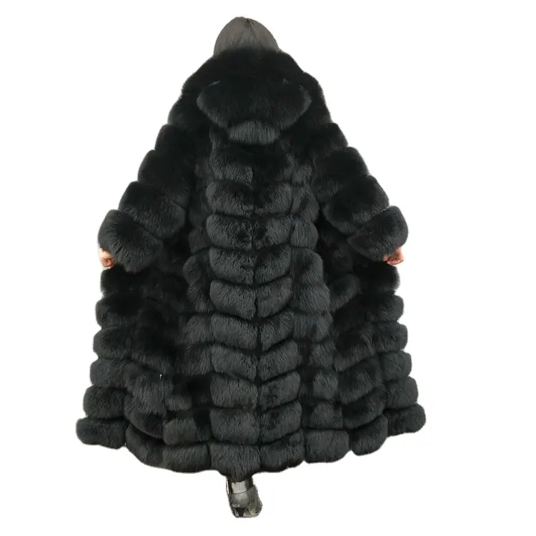 Lady fashion design super long style winter warm real natural fox fur coat with hood