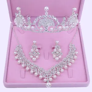 2023 Bride Headdress Wedding Accessories Three-piece Pearl Necklace Earrings Wedding Crown Tiara Necklaces Jewelry Set