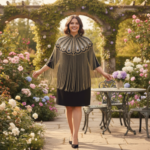 Vintage Feminine Poncho Dress Plus Size Short Flowing <b>Sequined</b> Layers Embroidered Stand Collar Half Sleeves Spring Summer - Product Image 3