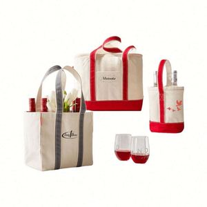 Customizable 4-6 Bottle Wine Tote <b>Bag</b> Reusable Canvas Shopping <b>Bag</b> with Dividers for Promotions - Product Image 1