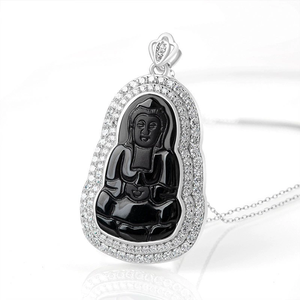 High-end natural <b>jadeite</b> A-grade <b>green</b> jade statue pendant in transparent <b>green</b> color. Set with S925 silver. - Product Image 2