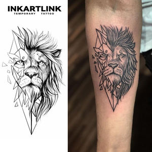 INKARTLINK Autocollant de <span class=keywords><strong>tatouage</strong></span> <span class=keywords><strong>géométrique</strong></span> Lion, tête de roi lion réaliste à moitié finie, esquisse abstraite, style herbal, 15 jours, fournitures en gros - Product Image 1