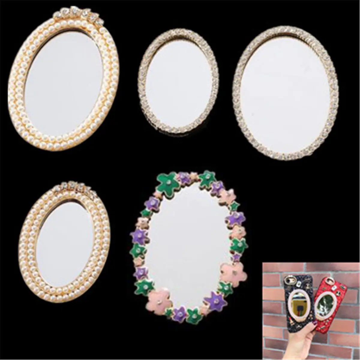 Fiore misto perla rosa specchio di vetro ovale Bling 3D fai da te custodia per cellulare accessorio decorativo