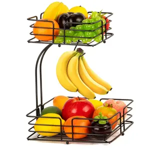 Metal Wire 2 tier Fruit Basket Bread Basket Snack Serving Basket with Banana hanger