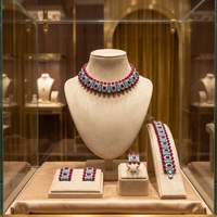 Parure de bijoux ethniques de luxe vintage en laiton plaqué or blanc avec rubis et turquoise pour femme, 4 pièces, pour mariage