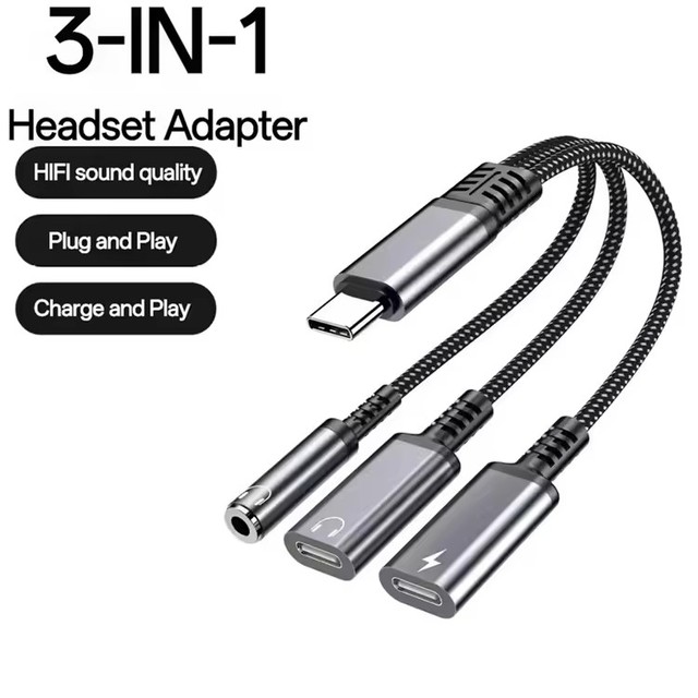 OTG USB C Splitter 3 in 1 Out Dual USB C 3.5mm Headphone and Charger Type C Audio Adapter with PD 60W Fast Charging Dongle Cable
