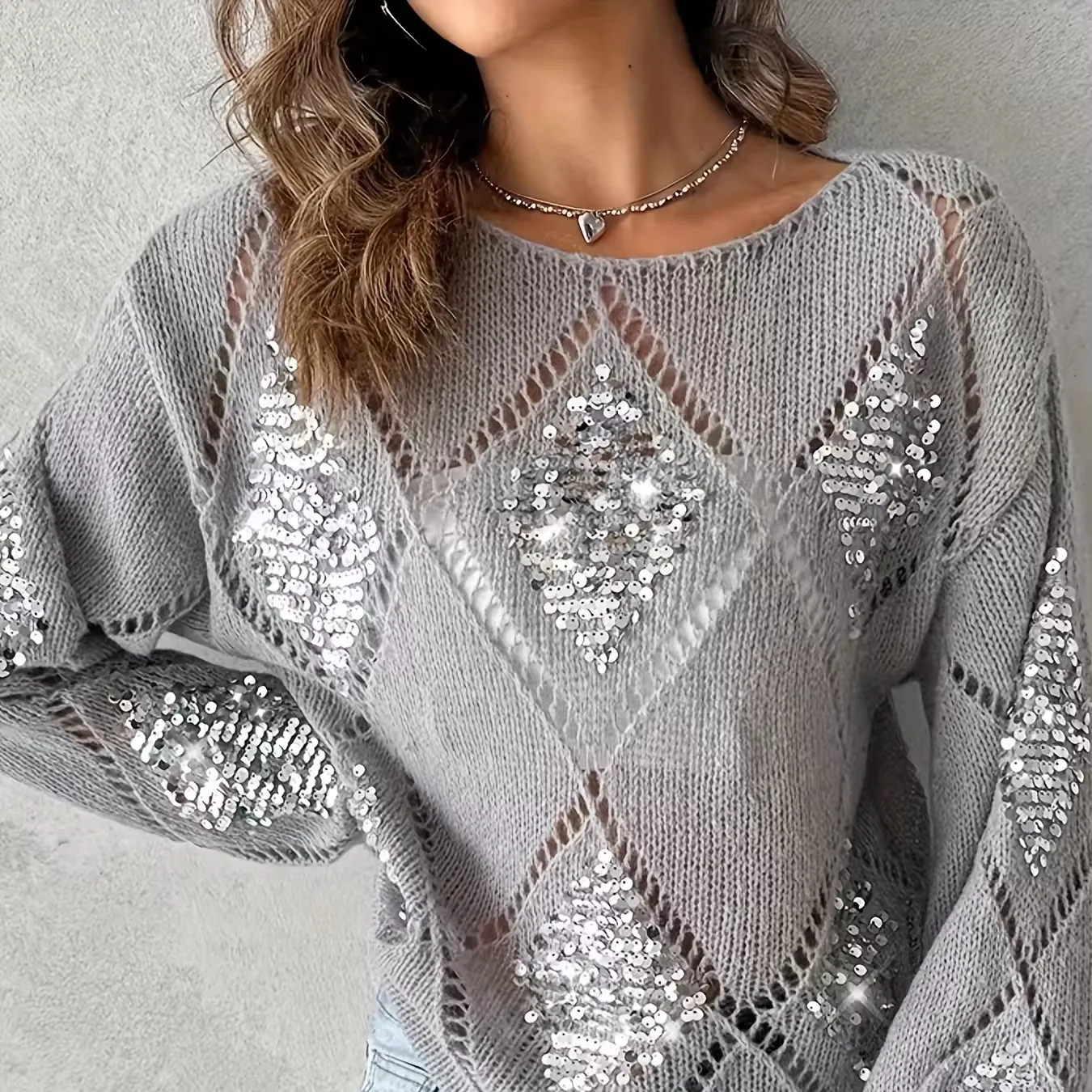 Custom Fashion Shiny Sequins Hollow Women's Sweater Autumn and Winter Elegant Long Sleeve Pullover Street Style Womenswear