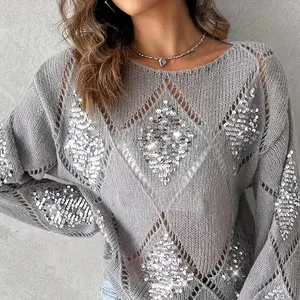 Custom Fashion Shiny Sequins Hollow Women's Sweater Autumn And Winter Elegant Long Sleeve Pullover Street Style Womenswear