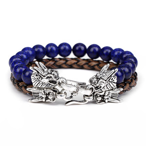 2Pcs a Set Gemstone Bead Stretch Bracelet <strong>Silver</strong> Dragon Head <strong>Bangle</strong> for <strong>Men</strong> Leather Bracelet for Couple Black Lava Stone Jewelry - Product Image 3