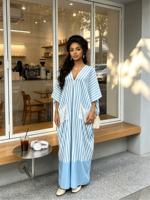 Robe décontractée ample pour femme, style Dashiki Kaftan, à rayures et col en V, avec poches en dentelle, grande taille, collection 2026, tendance africaine, idéale pour les vacances