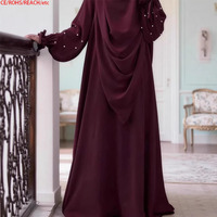 Robe une pièce en tissu polyester doux et respirant de couleur unie avec manches perlées et poignets élastiques, accompagnée d'un ensemble Khimar de luxe pour la prière de l'Aïd