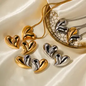 Grandes boucles d'oreilles en or 18 carats en forme de cœur, collier en acier inoxydable sans décoloration pour les femmes, cadeau de la Saint-Valentin et de la fête des mères