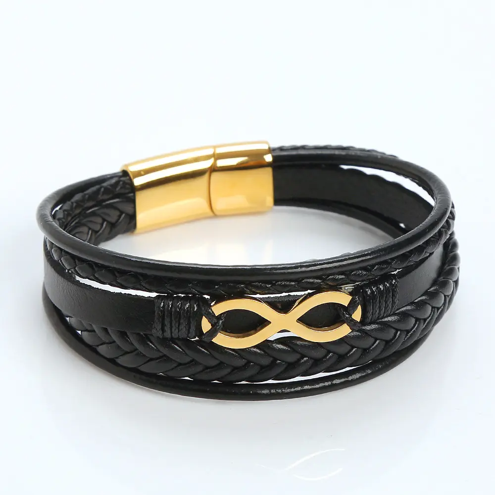 (custom-built)Men's figure 8 titanium steel bracelet Stainless steel magnetic buckle leather rope braided punk bracelet