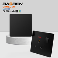 BAOBEN Panel Soket Sakelar Hitam Matte Ultra-Tipis Tipe 86, Rumah Tangga 16A Satu Tombol Kontrol Ganda 5 Lubang Dengan Lampu Neon