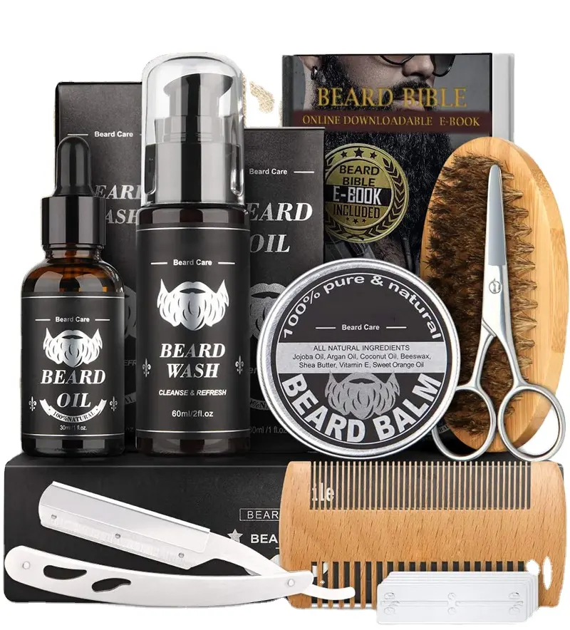 Kit personalizado de crescimento de barba, bálsamo de barba, tesoura, escova de barbear, pente para homens, kit de aliciamento