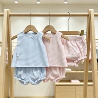 Ensemble de couches brodé à volants pour bébé fille, ensemble tablier à volants en vichy tissé pour tout-petite, tenue d'été pour bébé fille