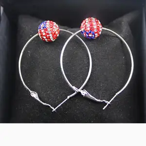 Fashion Women Designer The Fourth of July Trump Red Blue White Star Independence Day Crystal Rhinestone Ball Hoop Earring