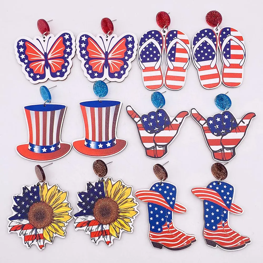 New Independence Day Glitter Stud Earrings For Girls American Flag Butterfly Flip Flops Boots Sunflower Eagle Lips Wood Earrings