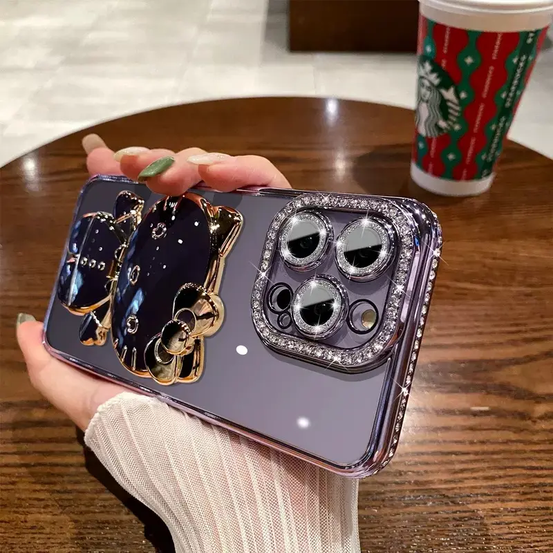 Electroplated rhinestone Hello 3D Kitty Cat Makeup Mirror Mobile TPU soft Phone Case For iPhone 14 13 12 Pro max with Holder