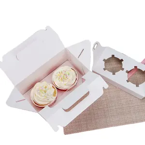 Kraft White Rigid Box for 2 Cupcakes with Window for Food Industry Handmade with Gold Foil Stamping Matt Lamination Glossy