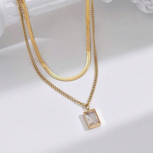 Collier double couche en acier inoxydable plaqué or, tendance rétro, avec grand pendentif en pierre précieuse, luxe léger, pour femme - Vente chaude - Product Image 2