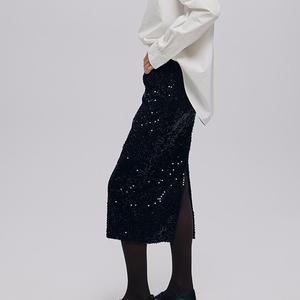 秋のODMブラックファッションスパンコールバックスリットスカートハイウエストストレートヒップマキシスカートスパンコールベルベットスカート - Product Image 2