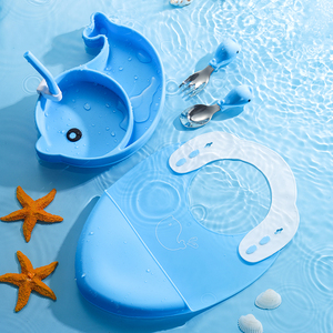 Dessin animé dauphin forme Silicone enfants vaisselle enfants couverts ensemble avec acier inoxydable fourchette cuillère bavoir et paille - Product Image 4