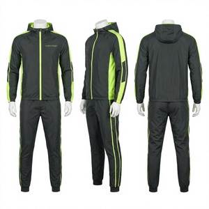 Chándal con Capucha para Hombre, Color Negro y Verde Lima, Manga Larga, Cierre de Cremallera, Estilo Deportivo, Corte Regular, Poliéster, Ropa de Primavera - Product Image 1
