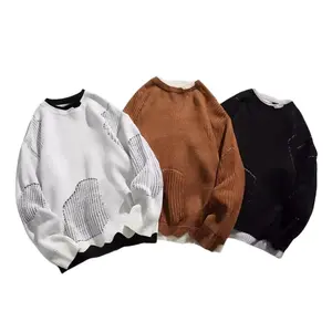 Distressed Long Sleeve Knit Pullover Heavyweight Fringe Streetwear Fake 2 Pieces Sweater