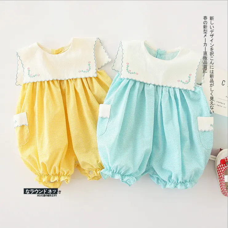 Stocked new design summer turn-down collar bloomers style baby girl clothes romper baby linen romper organic cotton baby romper