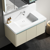 Ensemble de meuble-lavabo moderne en contreplaqué blanc crème imperméable avec vasque en céramique, miroir intelligent et armoire murale pour hôtel, villa, appartement