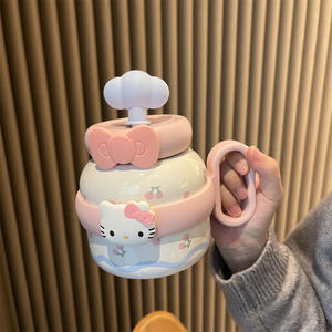 Tumbler Terisolasi dengan Lapisan Keramik Desain Bulat Kapasitas Besar Cangkir Meja Portabel Model Pegangan dengan Sedotan Ideal untuk Wanita - Product Image 2