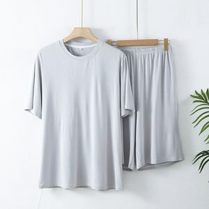 Pigiama Casual da <span class=keywords><strong>uomo</strong></span> in fibra di bambù a manica corta estivo sottile due pezzi Set tinta unita Homewear - Product Image 3