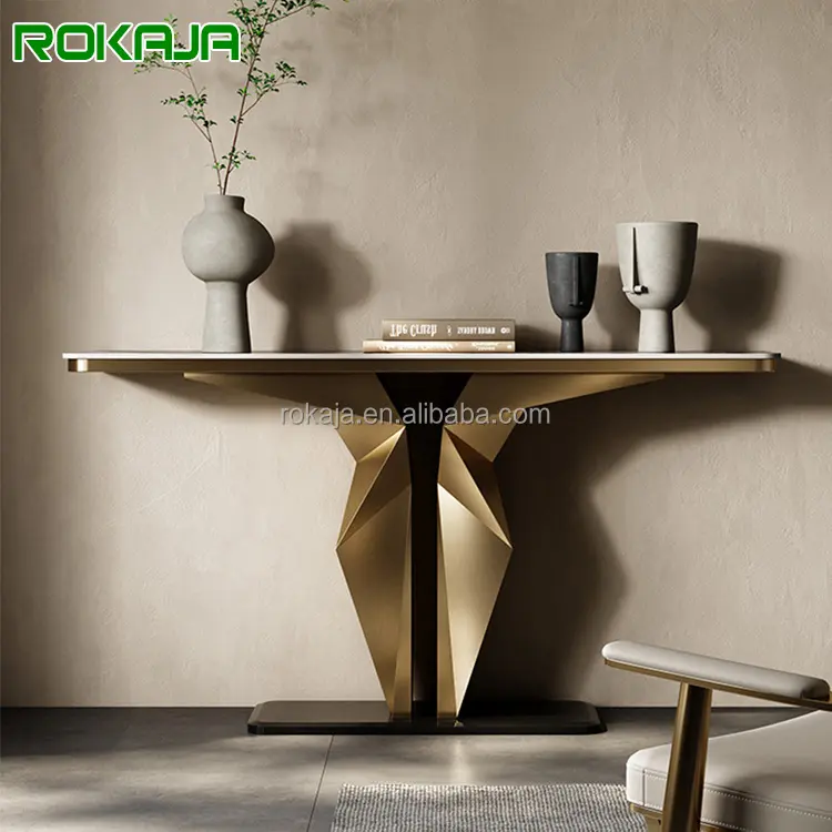 Meja pintu masuk Desain unik furnitur ruang tamu meja konsol dasar baja tahan karat emas meja dekoratif atasan batu disinter