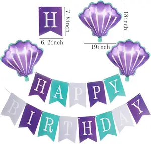 Striscione di buon compleanno verde viola Banner di compleanno con 2 pezzi palloncini di conchiglia viola per bambini a tema oceano festa di compleanno