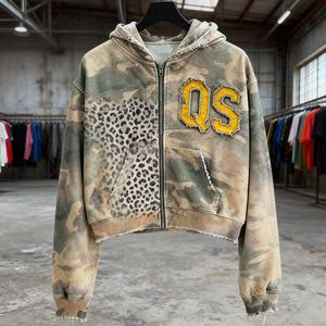 Sweat à capuche en coton épais motif léopard, broderie logo personnalisée, sweat à capuche camouflage zippé, sweat à capuche oversize court délavé à l'acide - Product Image 4