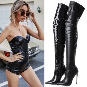 Knee-high Boots Black Sexy Glossy Back Zipper Ultra-fine High <b>Heels</b> European and American Plus Size Elastic Boots 2024 - Product Image 1