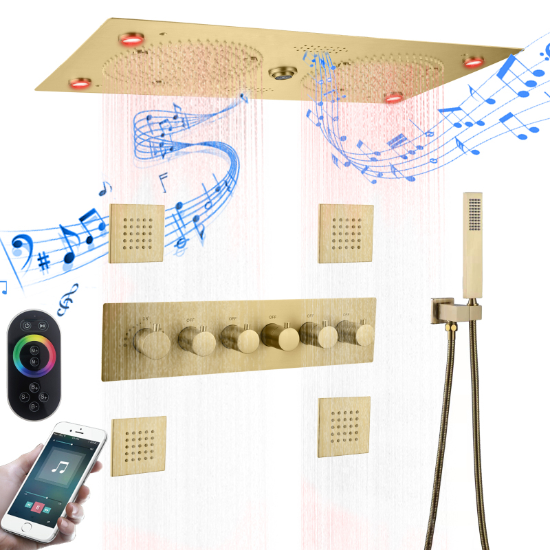 Luxury Brushed Gold Thermostatic Shower Head Set 620*320mm LED Bathroom ...