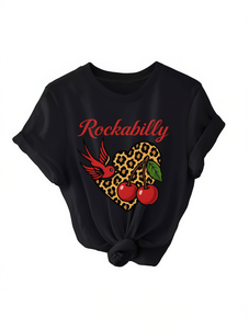 T-shirt stampata rockabilly a maniche corte da donna taglie forti, con design leopardato a cuore e ciliegia, top casual primavera estate - Product Image 1