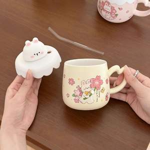 Cherry Blossom Rabbit <b>Ceramic</b> <b>Mug</b> With Lid And Straw Pink Blue Cartoon Design For Coffee Milk Breakfast Gift - Product Image 3